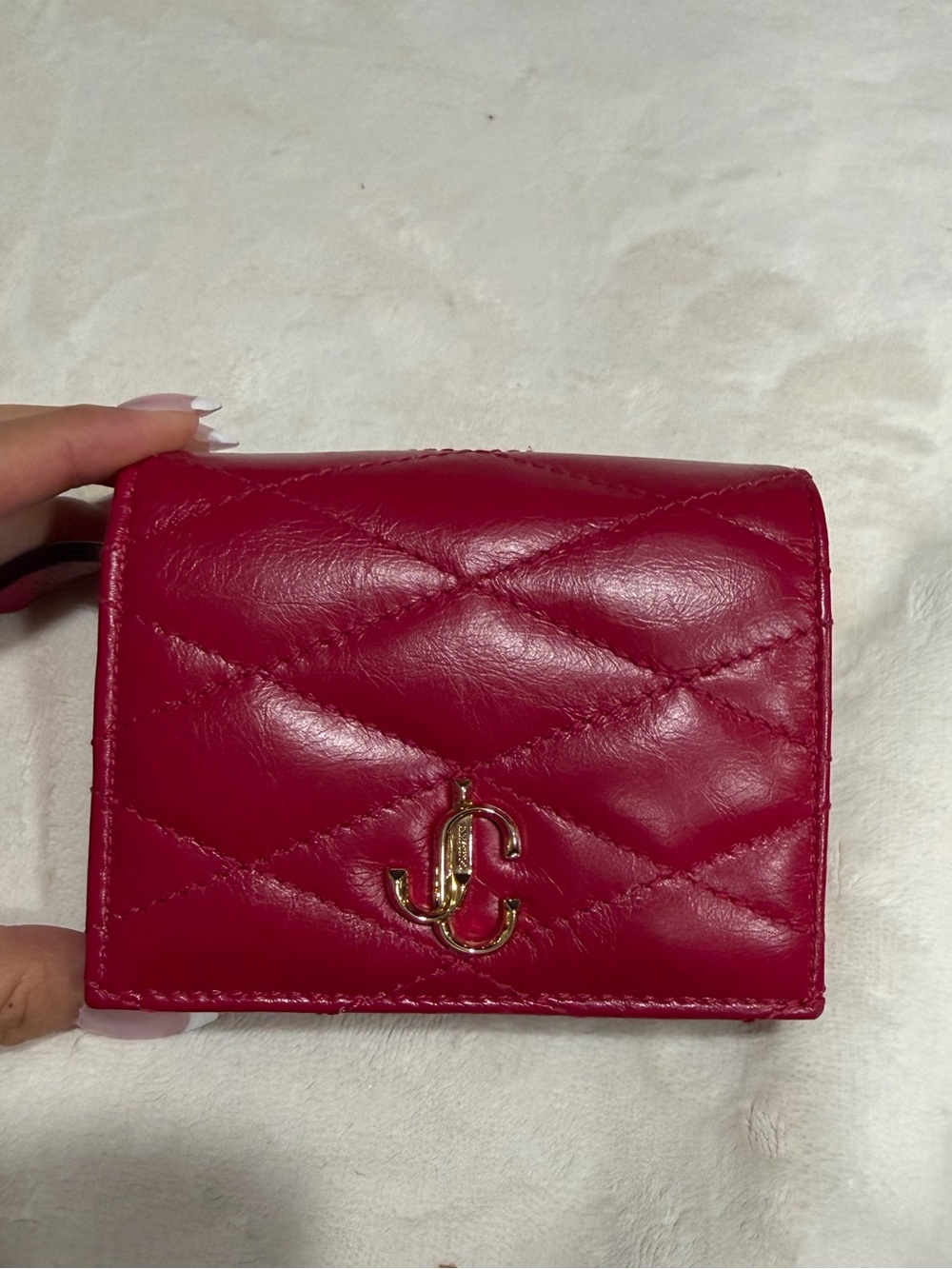 Jimmy Choo Quilted Fuchsia Leather Card Wallet with Gold JC Emblem